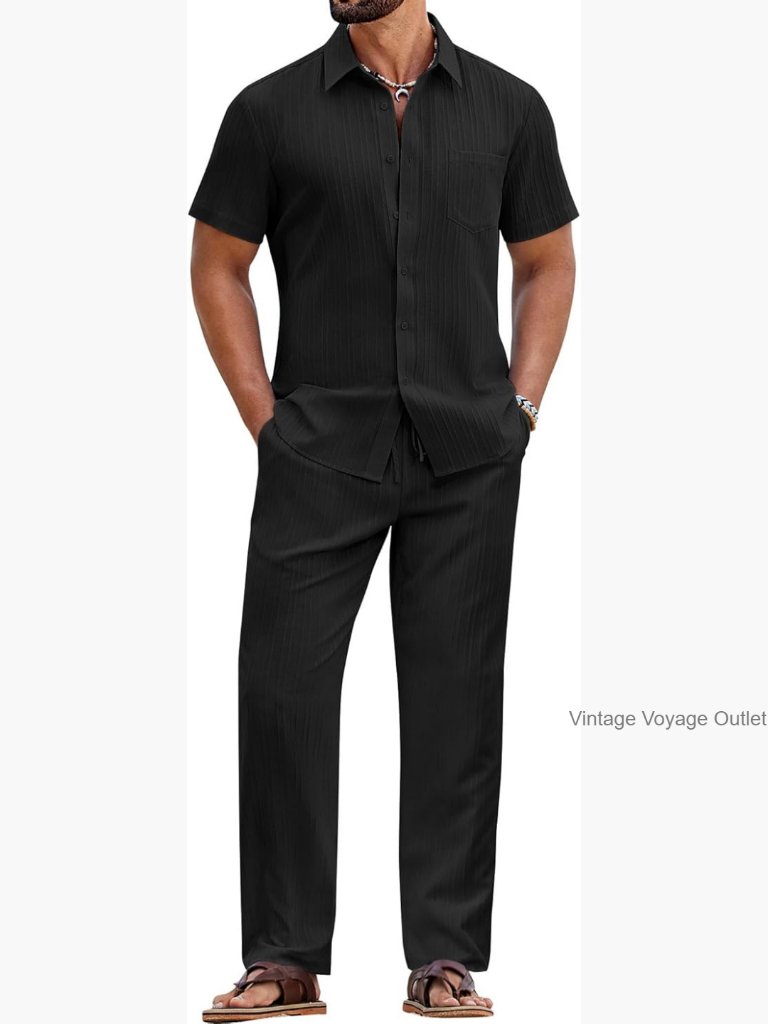 Men's 2 Piece Summer Short Sleeve Button Down Shirt And Loose Pant Set